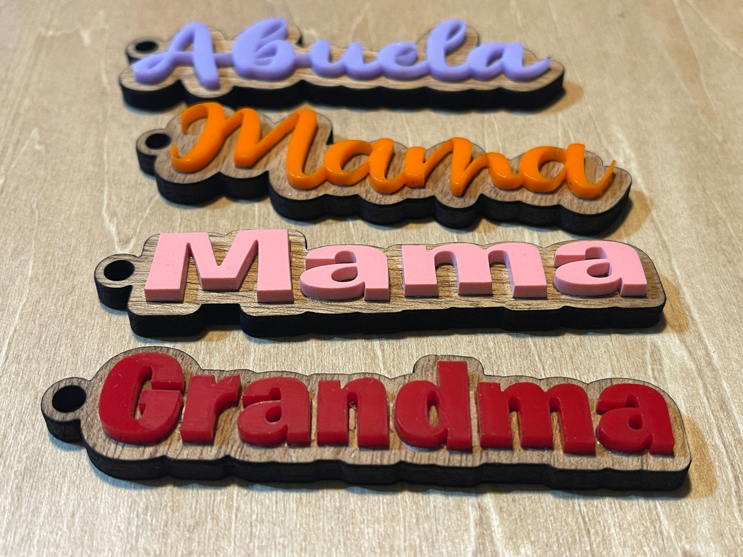 Custom rustic wood and acrylic keychains with Name charms, personalized names, mama, mom, nana, grandma keychains