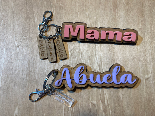 Custom rustic wood and acrylic keychains with Name charms, personalized names, mama, mom, nana, grandma keychains
