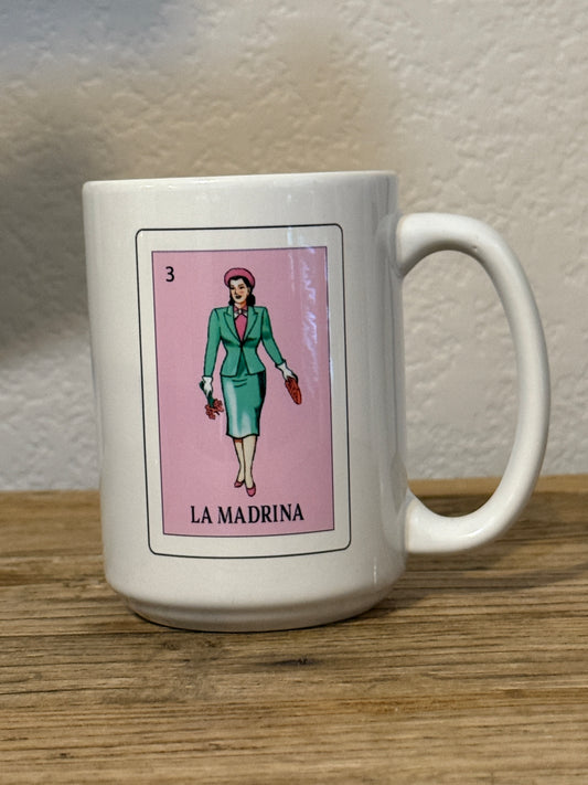White Loteria El Padrino, la Madrina, mugs, Loteria mugs, 15 oz mugs Set or single