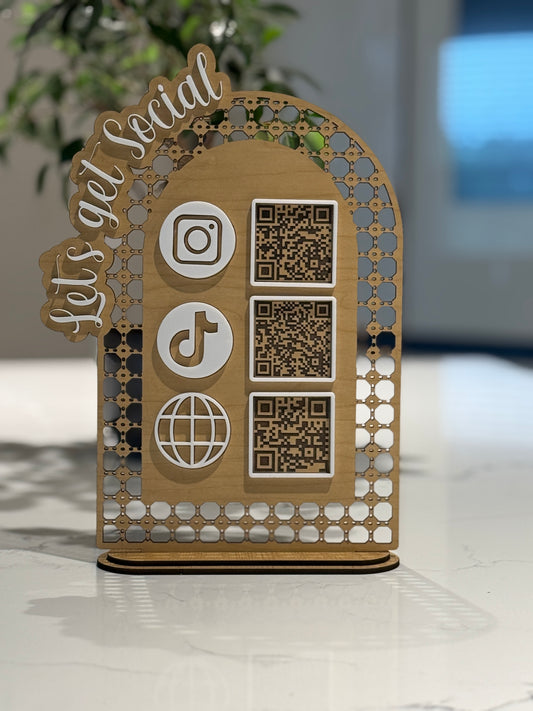 10x7 Lets get social media sign made of wood and acrylic with 3 qr codes