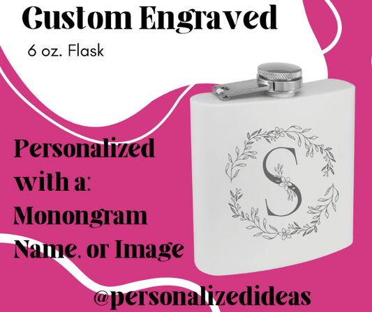 Custom Engraved 6 oz Matte White Stainless Steel Flask | Personalized Laser Engraved Gift | Bridal Party, Groomsmen, Birthday Gift