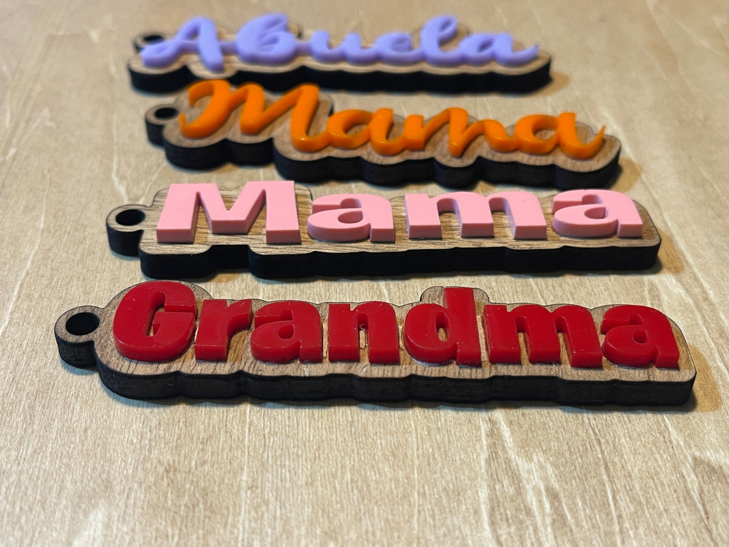 Custom rustic wood and acrylic keychains with Name charms, personalized names, mama, mom, nana, grandma keychains