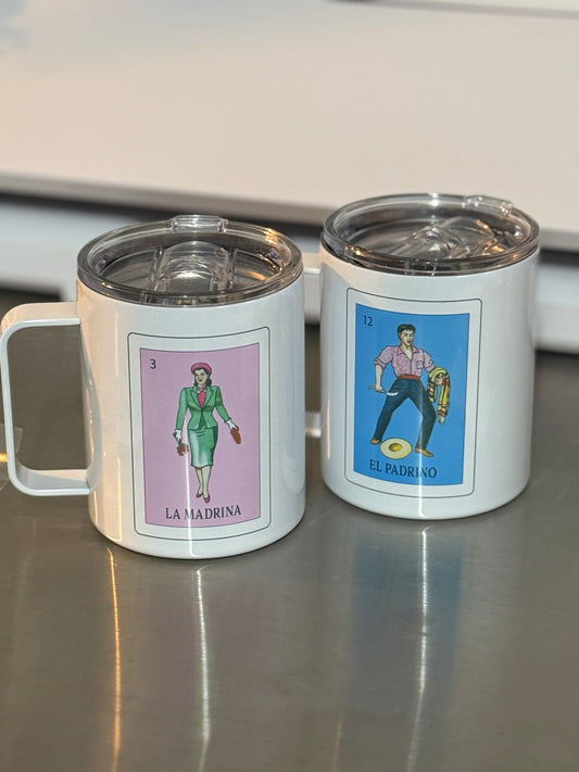Camper Loteria El Padrino, la Madrina mug set, mugs, Loteria mugs, 12 oz camper mugs Set or single mug