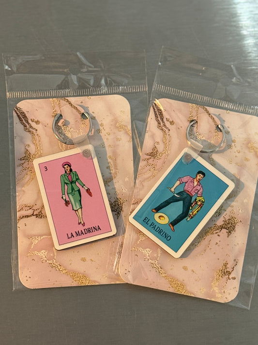 Lotería el padrino, la madrina key chain set of two