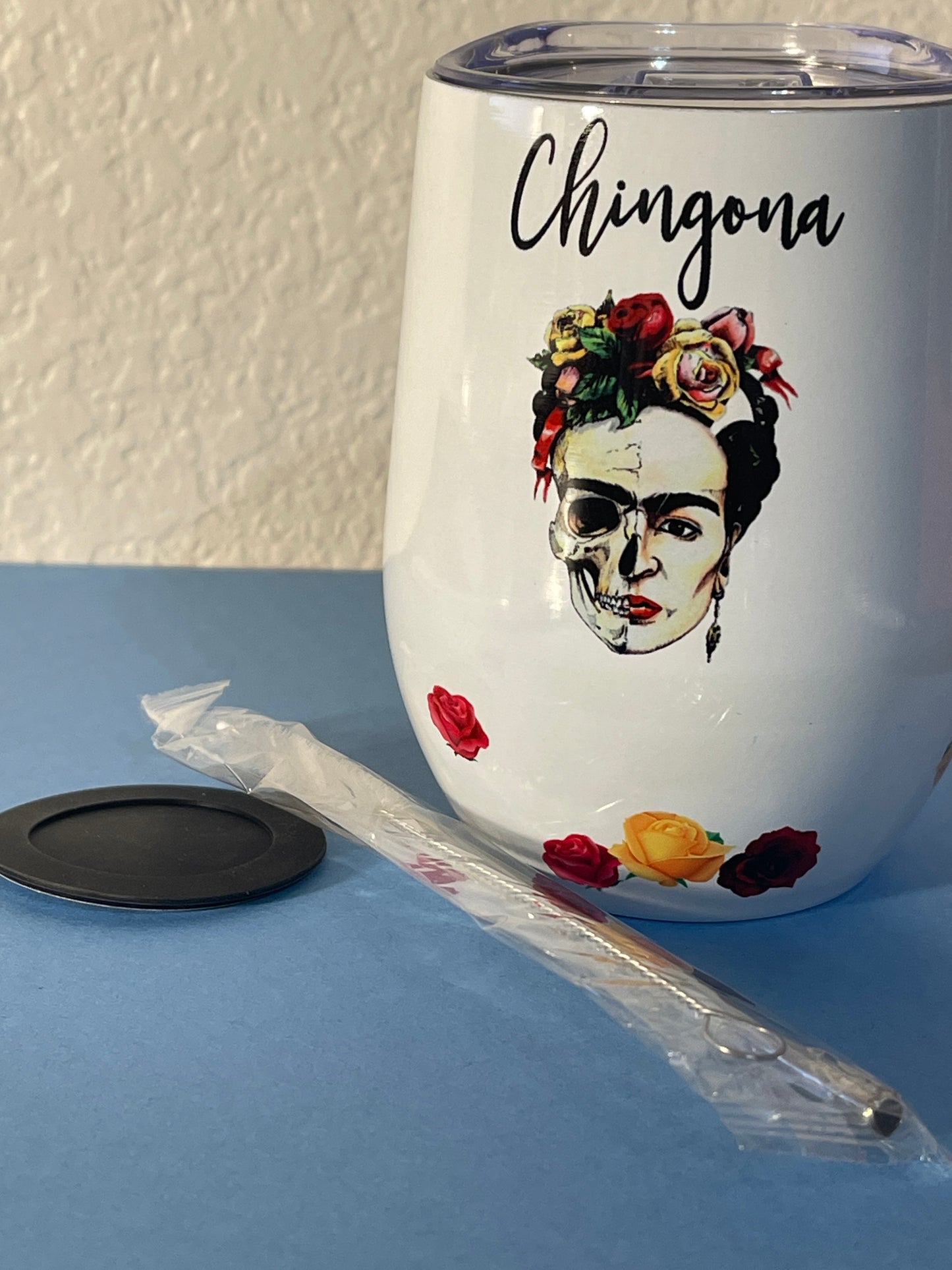 Frida Kahlo wine tumbler, Chingona porque Pendejas hay Muchas, 12 0z wine umbler