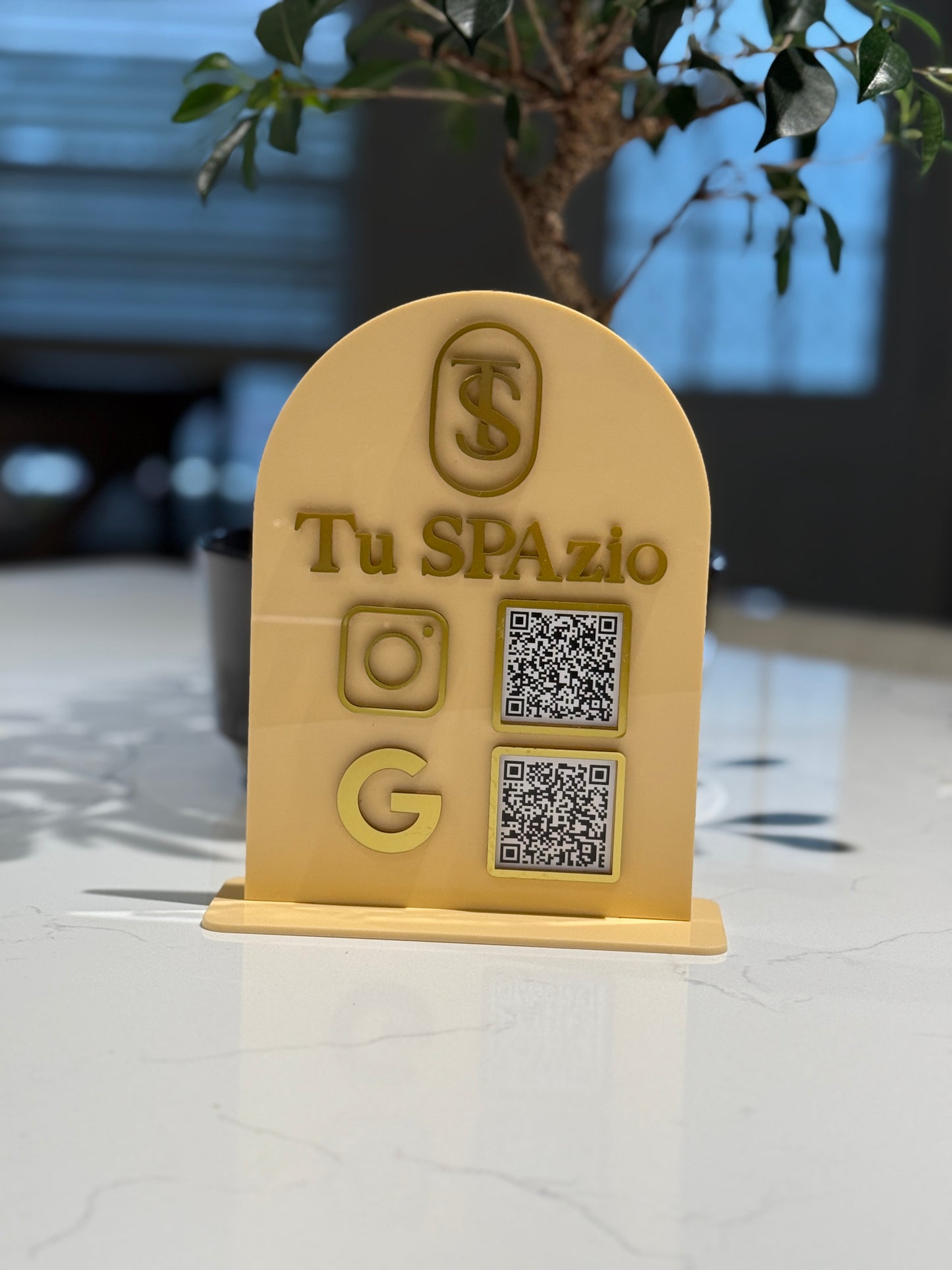 Two QR codes Acrylic business sign, with business name, social media sign.
