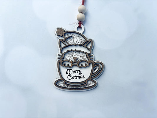 Personalized Cat Ornament | Custom Pet Name or “Merry Catmas” | Layered Wood Christmas Ornament