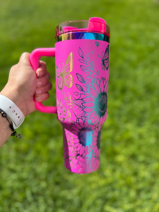 Sunflowers and Butterflies 40 oz Quencher  Rainbow Plated Tumbler