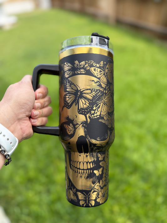 Skull and butterflies 40 oz Quencher  Gold  Plated Tumbler