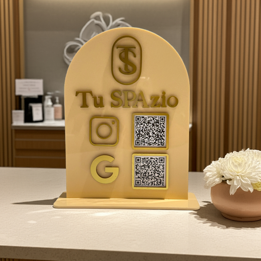 Two QR codes Acrylic business sign, with business name, social media sign.