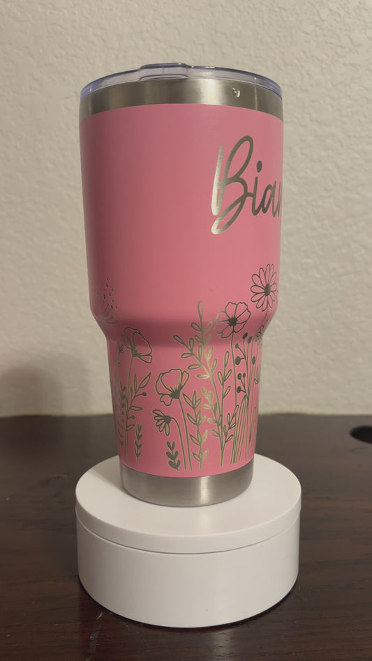 Personalized 30 oz Tumbler, with bottom wildflowers, and a butterfly, and custom name