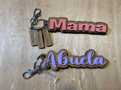 Custom rustic wood and acrylic keychains with Name charms, personalized names, mama, mom, nana, grandma keychains