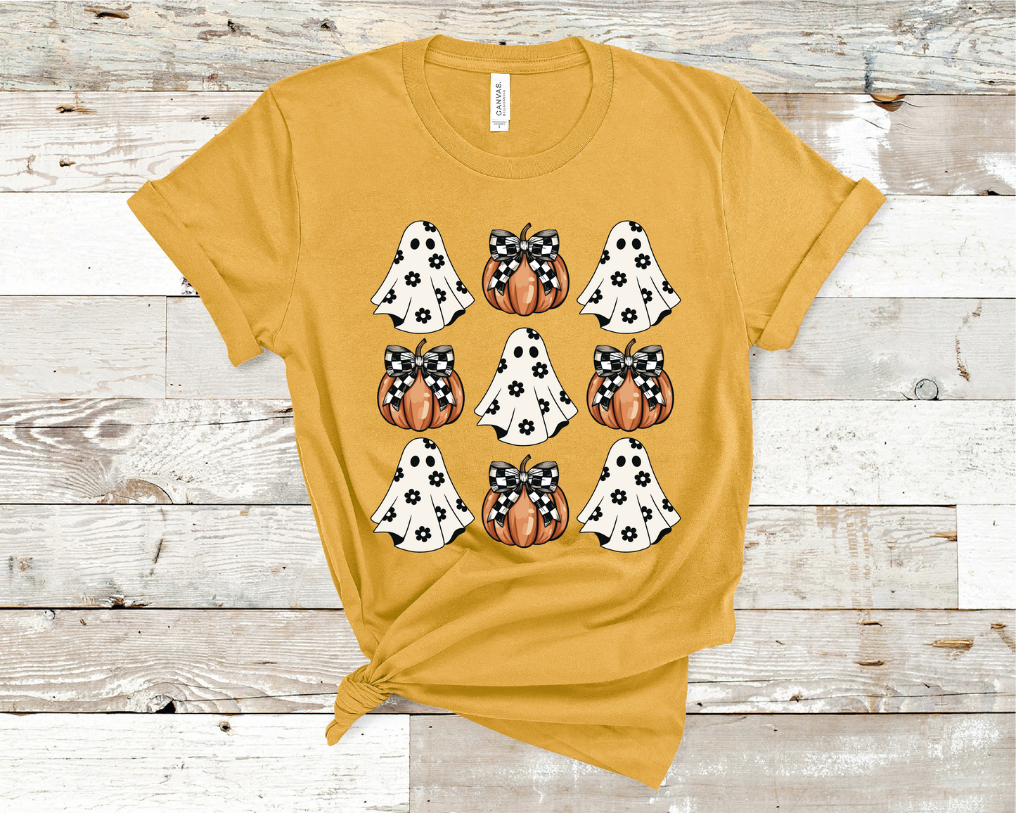 Ghost pumpkins check board Halloween T-shirt fall season.