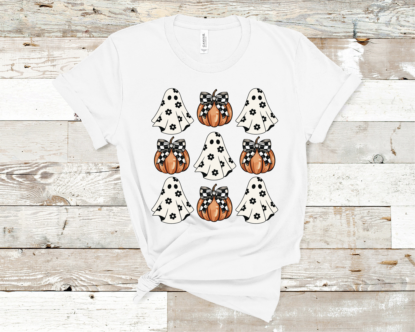 Ghost pumpkins check board Halloween T-shirt fall season.