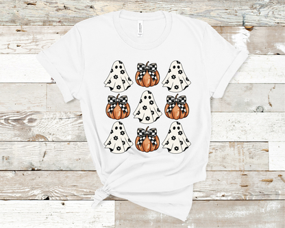 Ghost pumpkins check board Halloween T-shirt fall season.