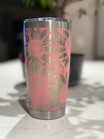 Sunflower seamless engraved 20oz Tumbler, Insulated Steel Laser Engraved Tumbler
