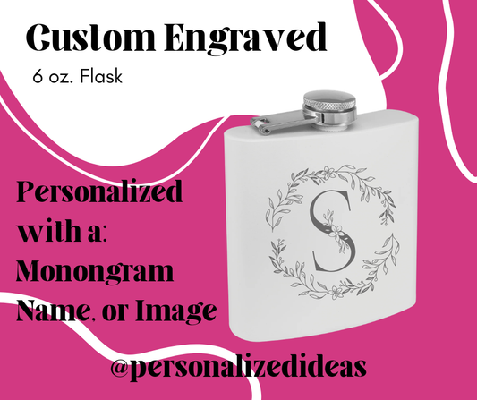 Custom Engraved 6 oz Matte White Stainless Steel Flask | Personalized Laser Engraved Gift | Bridal Party, Groomsmen, Birthday Gift