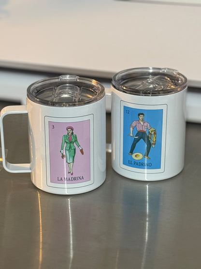 Camper Loteria El Padrino, la Madrina mug set, mugs, Loteria mugs, 12 oz camper mugs Set or single mug