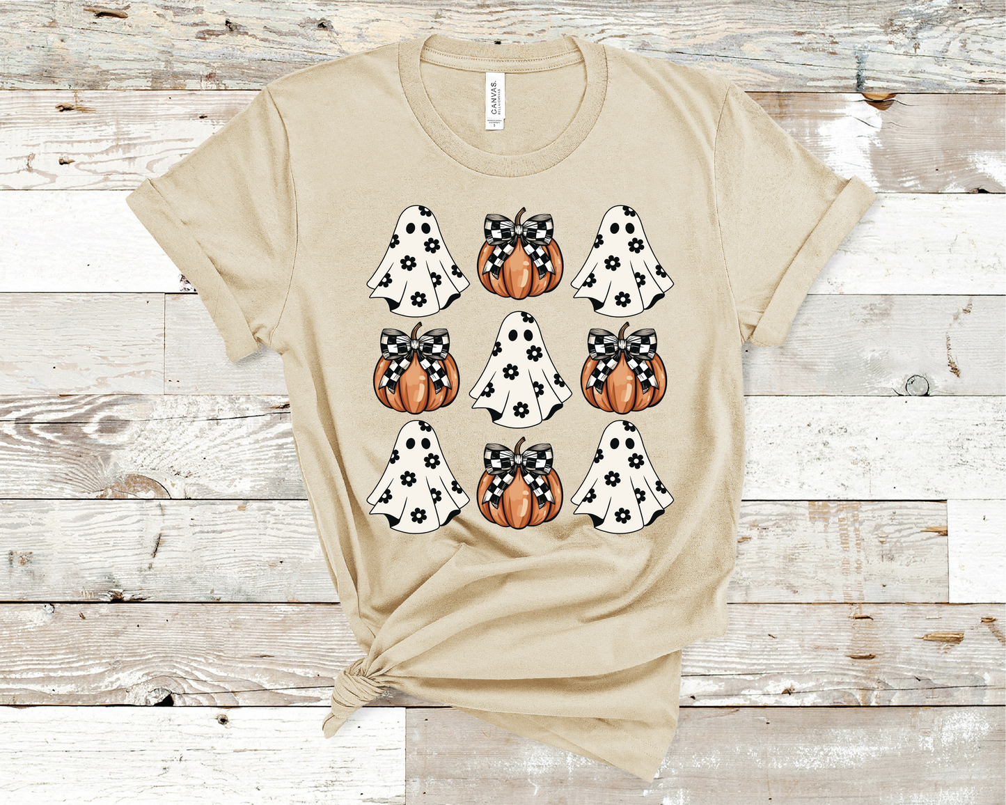 Ghost pumpkins check board Halloween T-shirt fall season.