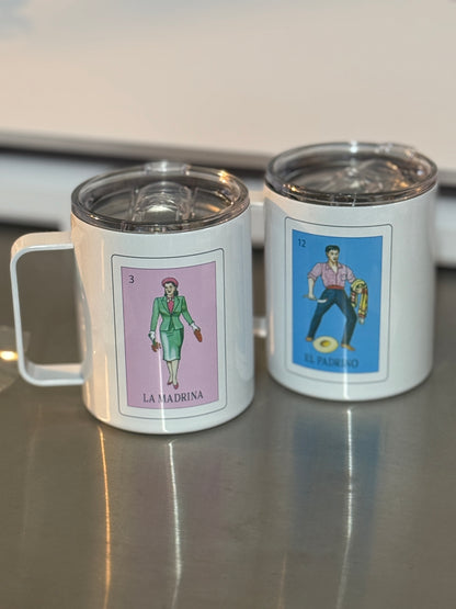 Camper Loteria El Padrino, la Madrina mug set, mugs, Loteria mugs, 12 oz camper mugs Set or single mug