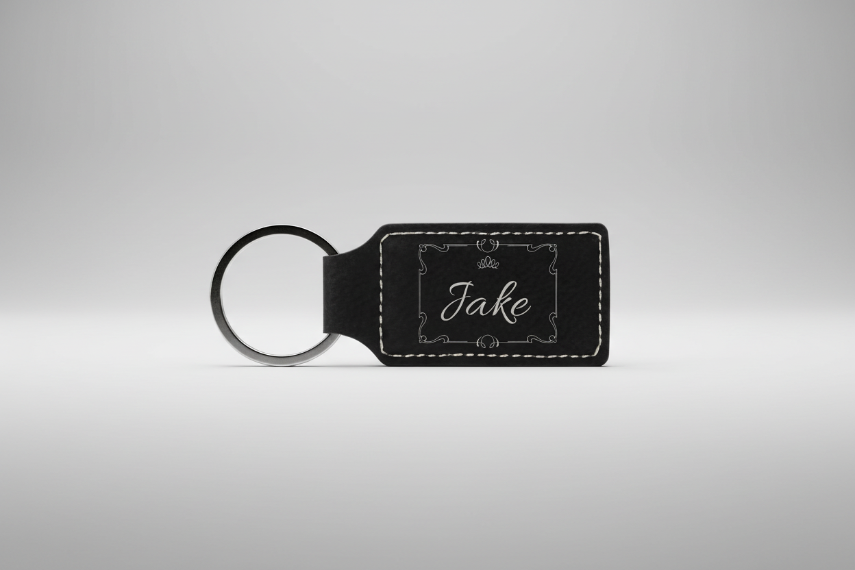 Custom Engraved Leatherette Keychain  Black/Silver. Engraving Rectangle | Personalized Gift