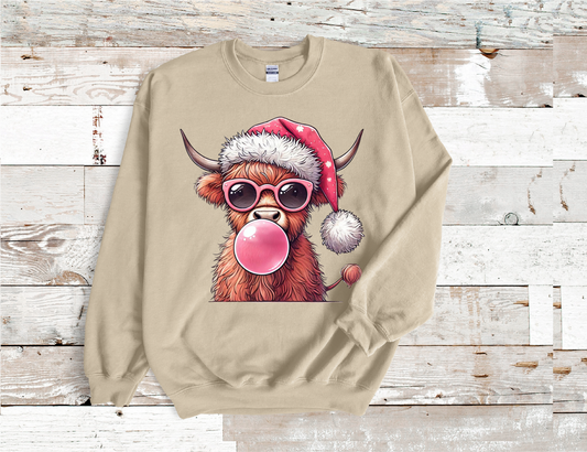 Highland Christmas Cow, sun glasses and bubble gum, Sweatshirt  (HTV)