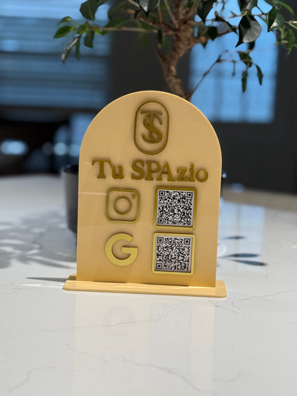 Two QR codes Acrylic business sign, with business name, social media sign.