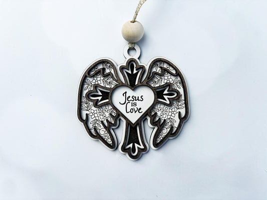 Christian Cross Ornament – “Glory” or “Jesus Is Love” Wooden Ornament | Faith Gift, Religious Christmas Decor, Laser Engraved Wood Ornament