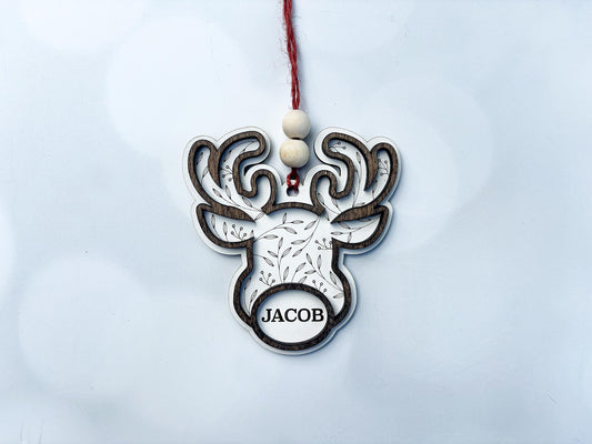 Personalized Reindeer wooden Ornament – “Oh Deer Christmas Is Here” Custom Name Reindeer Head