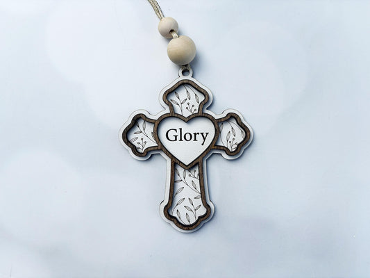 Christian Cross Ornament – “Glory” or “Jesus Is Love” Wooden Ornament | Faith Gift, Religious Christmas Decor, Laser Engraved Wood Ornament