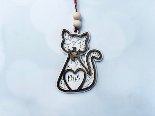 Personalized Cat Ornament | Custom Pet Name or “Merry Catmas” | Layered Wood Christmas Ornament