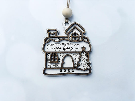 First Christmas in Our New Home Ornament 2025 – Laser Engraved Wooden House