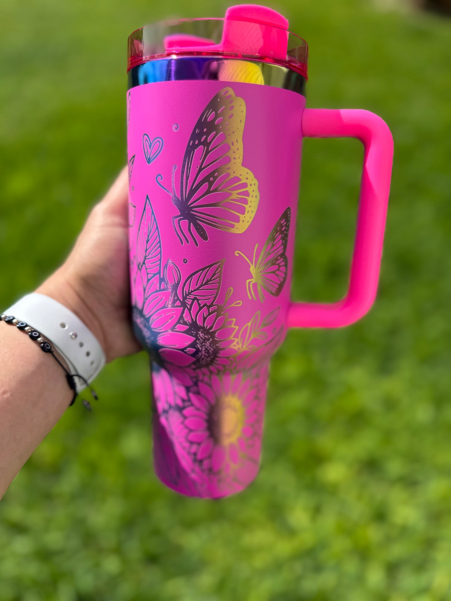 Sunflowers and Butterflies 40 oz Quencher  Rainbow Plated Tumbler