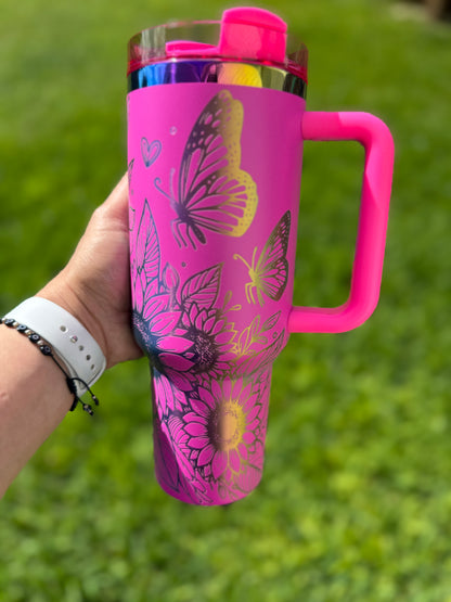 Sunflowers and Butterflies 40 oz Quencher  Rainbow Plated Tumbler
