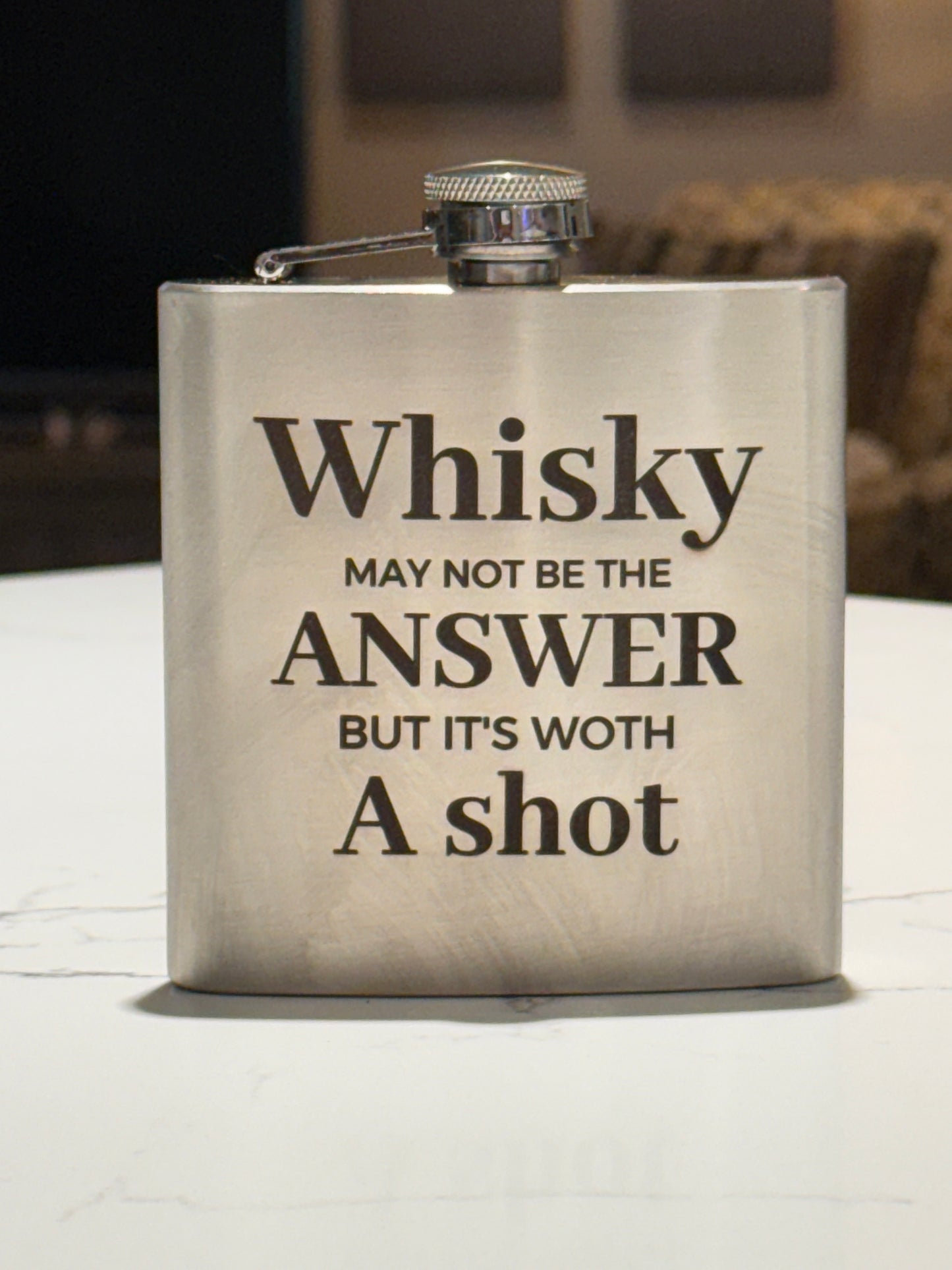 Wisky may not be the answer but is worth a shot, Stainless Steel Flask, Engraved in box