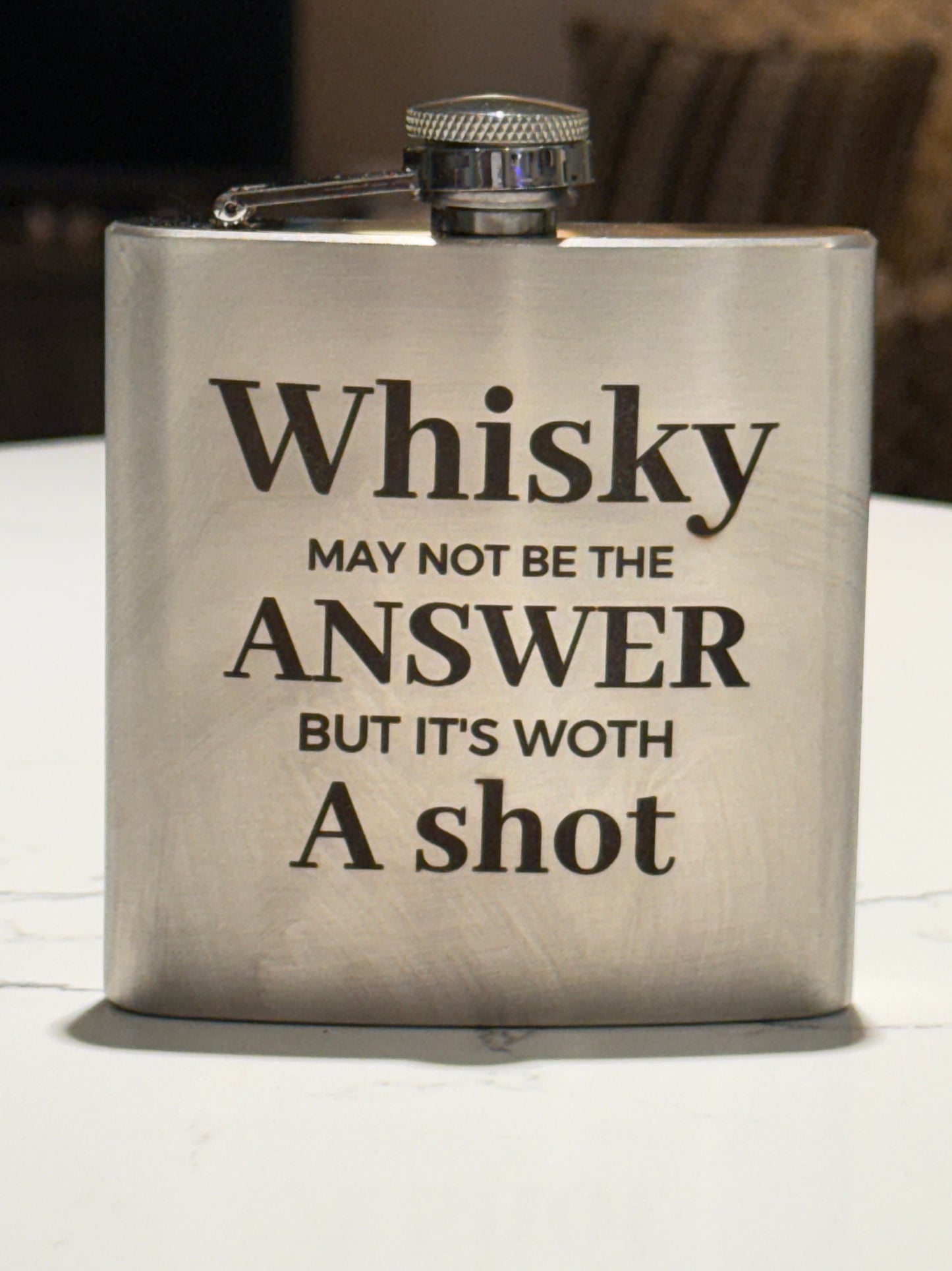Wisky may not be the answer but is worth a shot, Stainless Steel Flask, Engraved in box