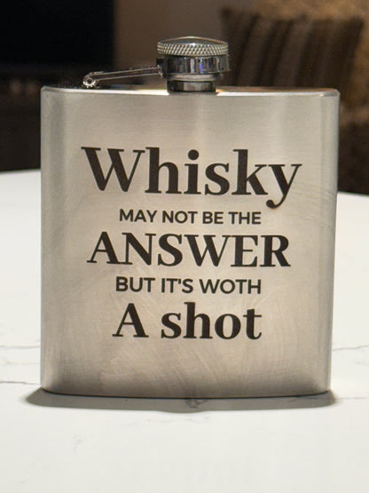 Wisky may not be the answer but is worth a shot, Stainless Steel Flask, Engraved in box