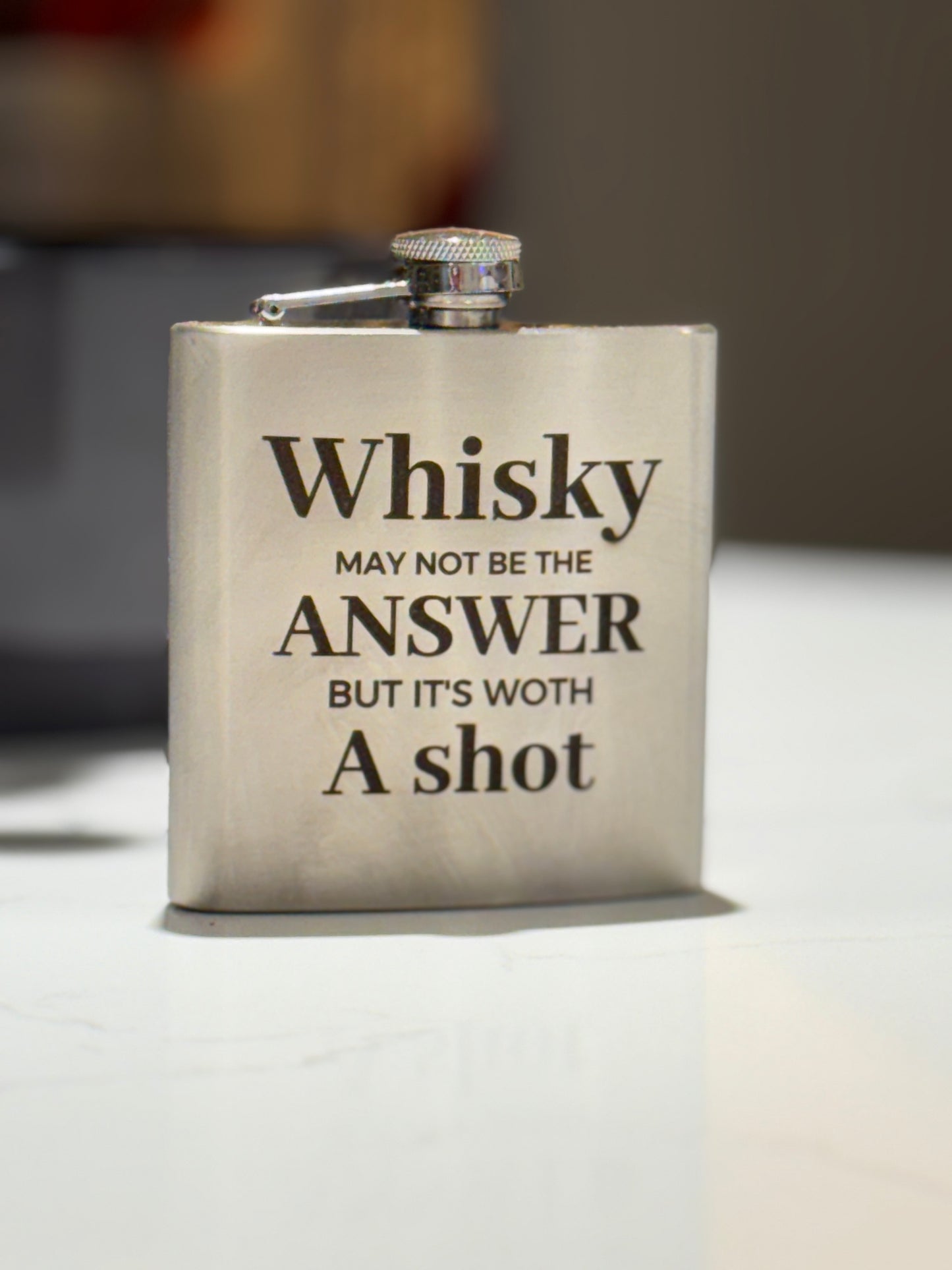 Wisky may not be the answer but is worth a shot, Stainless Steel Flask, Engraved in box