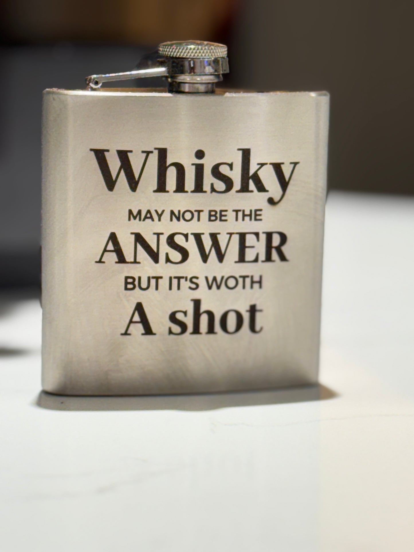 Wisky may not be the answer but is worth a shot, Stainless Steel Flask, Engraved in box