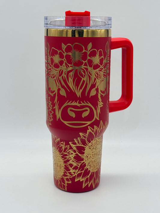 Highland Cow and Sunflowers 40 oz Quencher  Gold  Plated Tumbler
