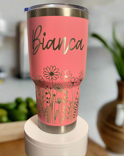 Personalized 30 oz Tumbler, with bottom wildflowers, and a butterfly, and custom name