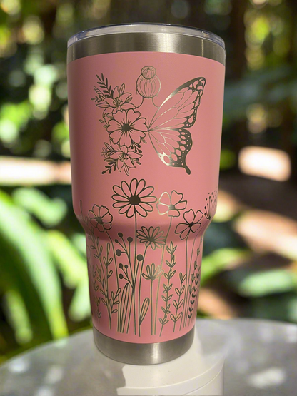 Personalized 30 oz Tumbler, with bottom wildflowers, and a butterfly, and custom name