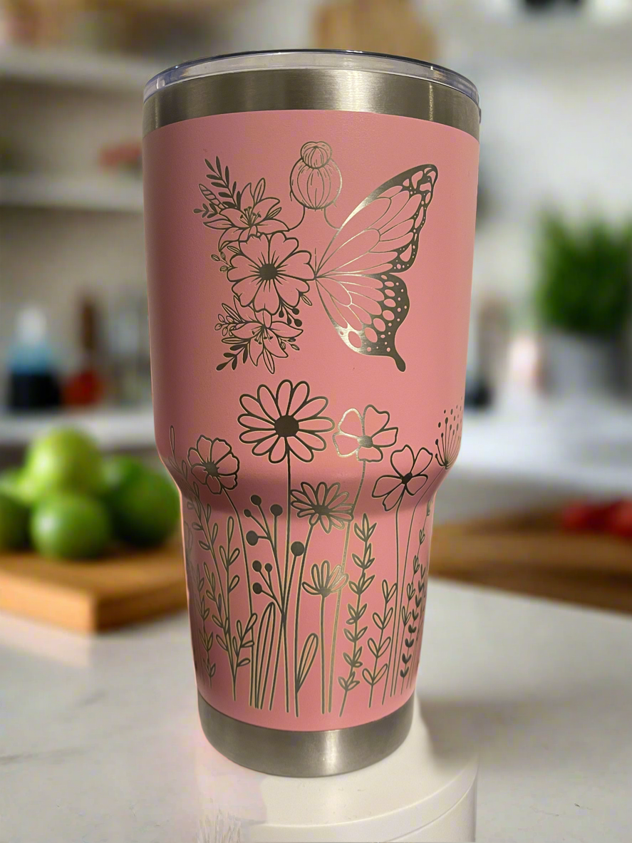 Personalized 30 oz Tumbler, with bottom wildflowers, and a butterfly, and custom name