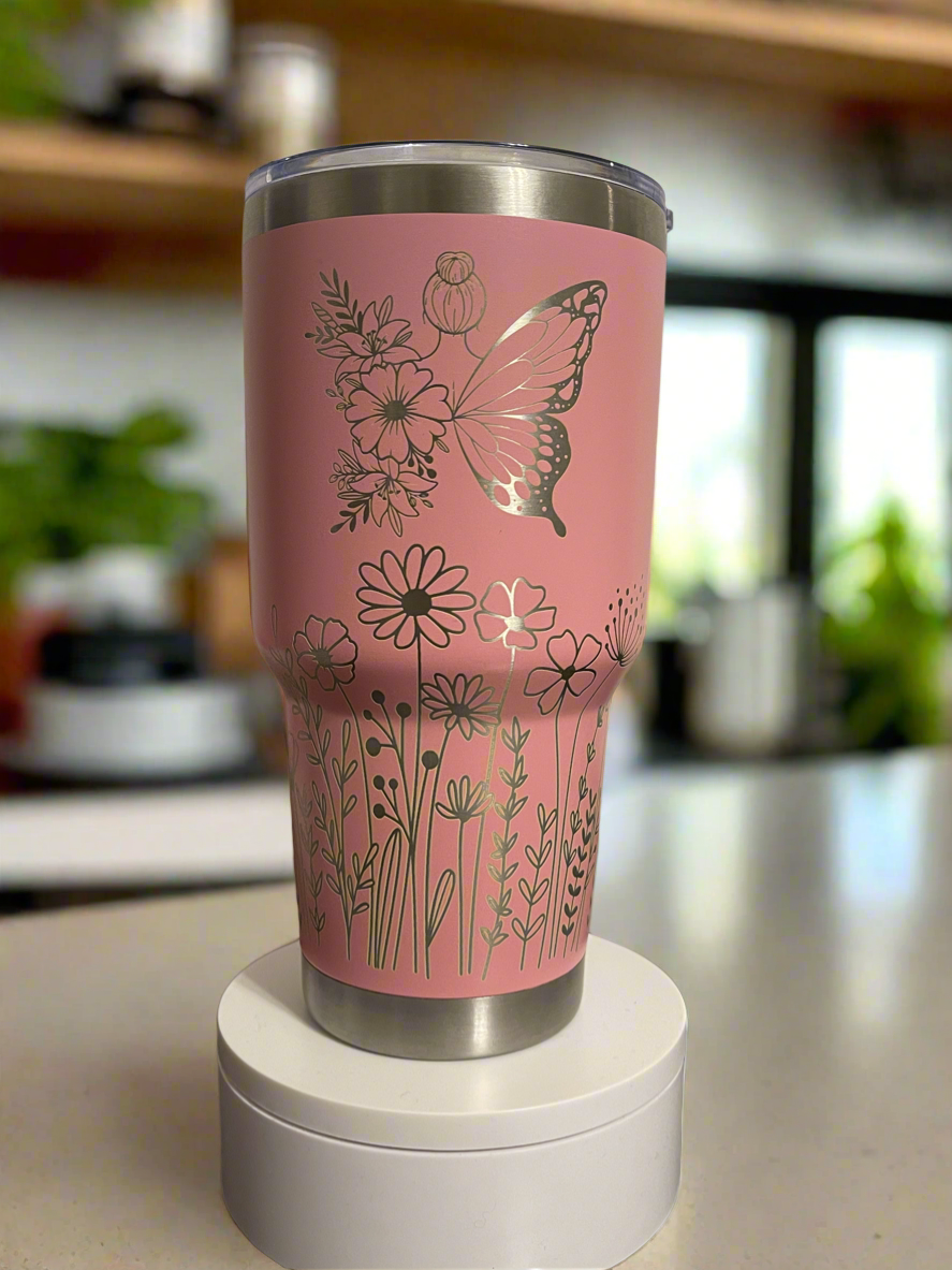 Personalized 30 oz Tumbler, with bottom wildflowers, and a butterfly, and custom name