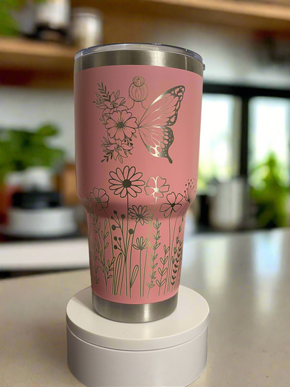 Personalized 30 oz Tumbler, with bottom wildflowers, and a butterfly, and custom name