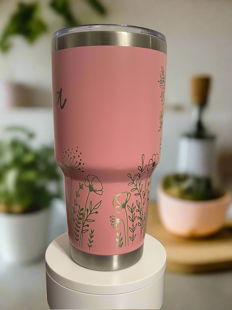 Personalized 30 oz Tumbler, with bottom wildflowers, and a butterfly, and custom name