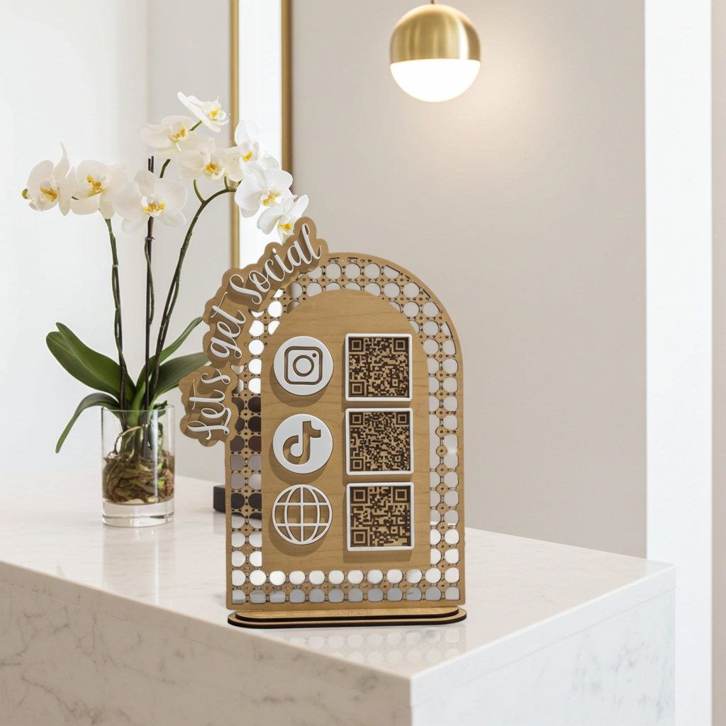 15x10 social media sign made of wood and acrylic with 3 QR codes.