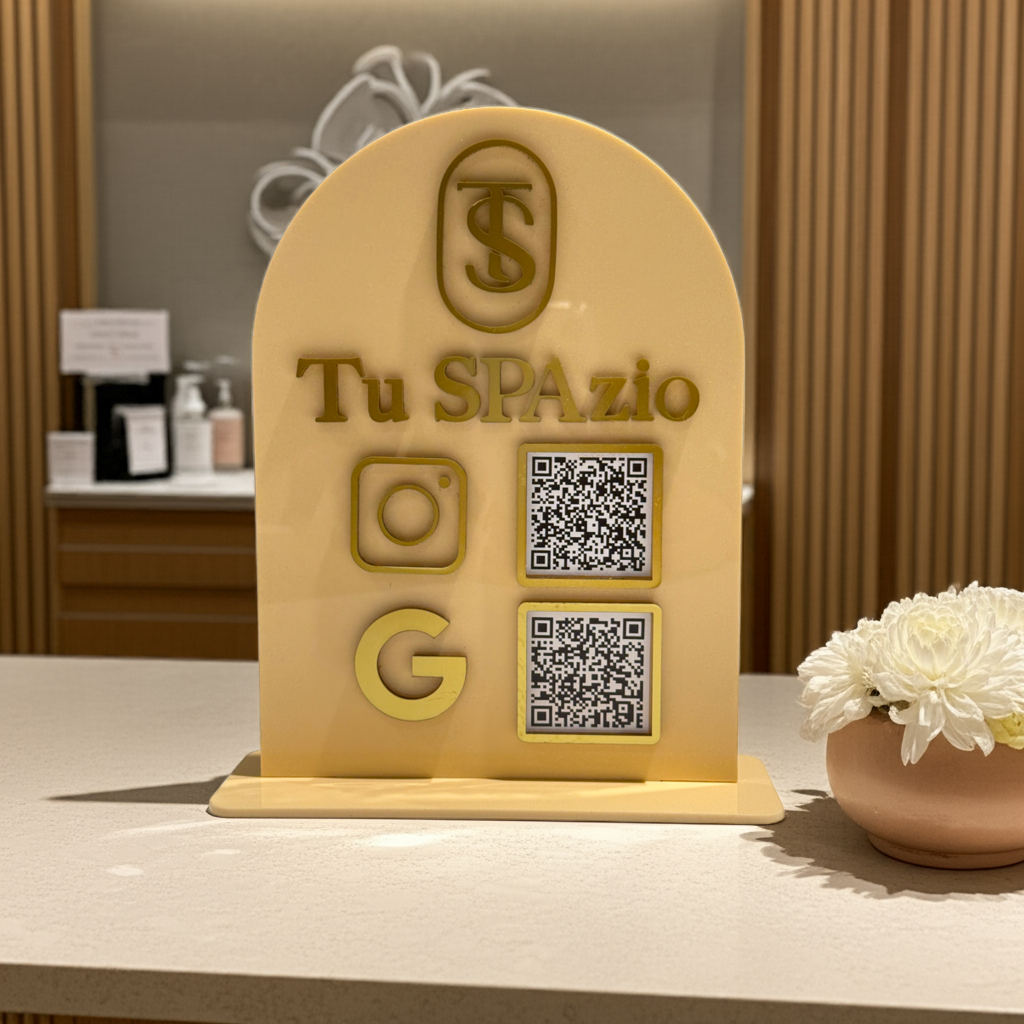 Two QR codes Acrylic business sign, with business name, social media sign.