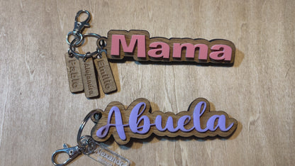 Custom rustic wood and acrylic keychains with Name charms, personalized names, mama, mom, nana, grandma keychains