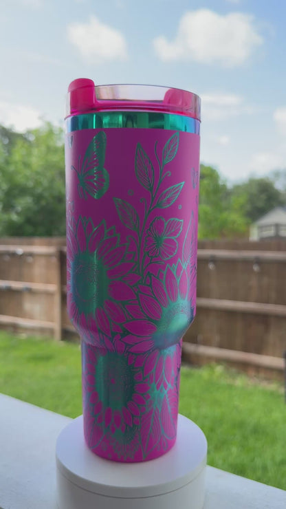 Sunflowers and Butterflies 40 oz Quencher  Rainbow Plated Tumbler